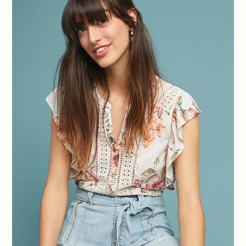 Anthropologie Maeve Flutter Sleeve Floral Lace Eyelet Button Down Top Size Small - Picture 3 of 15